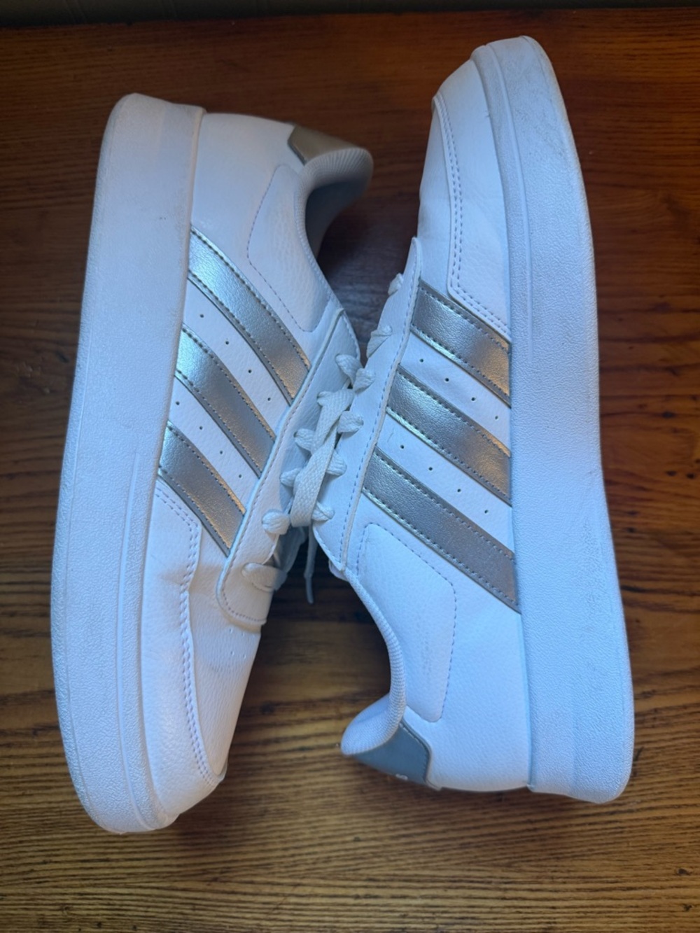 adidas Women's Breaknet 2.0 White Leather Low-Top Sneakers with Silver Stripes